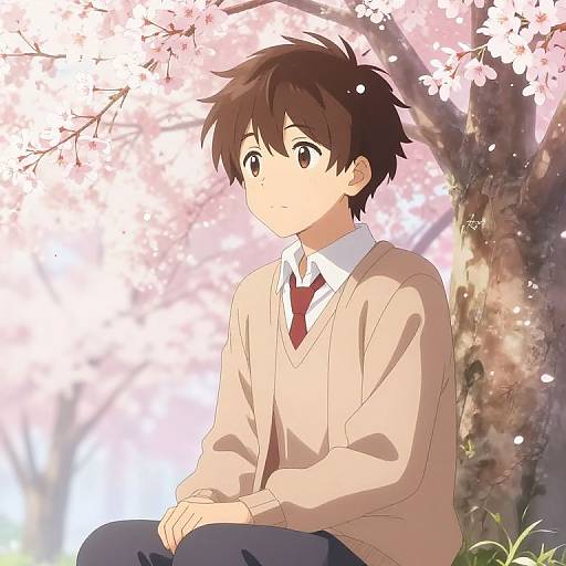 Anime-style drawing of a shy, brown-haired boy in a beige sweater and red tie, sitting under blooming cherry blossoms.