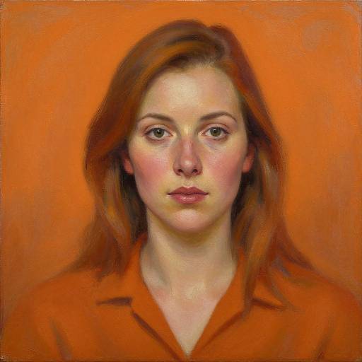 Digital painting of a fair-skinned woman with red hair, wearing an orange shirt, against an orange background, centered portrait.