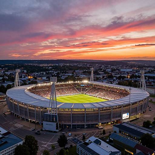 Aerial photograph of a packed stadium at sunset, illuminated field, vibrant orange and pink sky, surrounded by cityscape and floodlights.