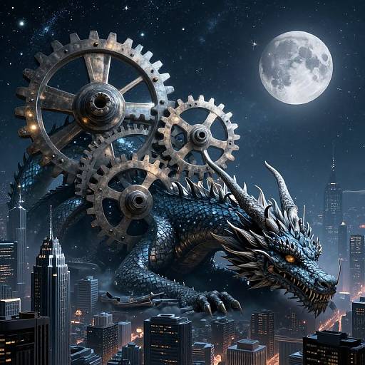 Digital art of a blue, metallic dragon with large gears on its back soaring over a city at night under a full moon.