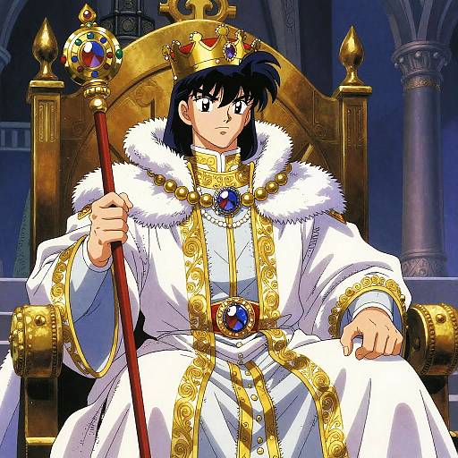 Anime-style illustration of a royal king with black hair, wearing a white fur-trimmed robe, golden crown, and holding a jeweled staff,