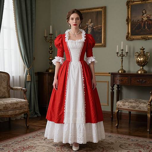 Photograph of a young woman in a Victorian-style red and white dress, standing in an elegant, ornately decorated room with antique furniture and candlesticks