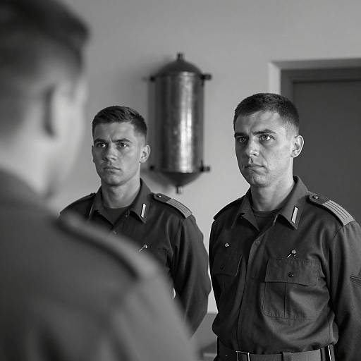 Serious Soldiers in Dimly Lit Room
