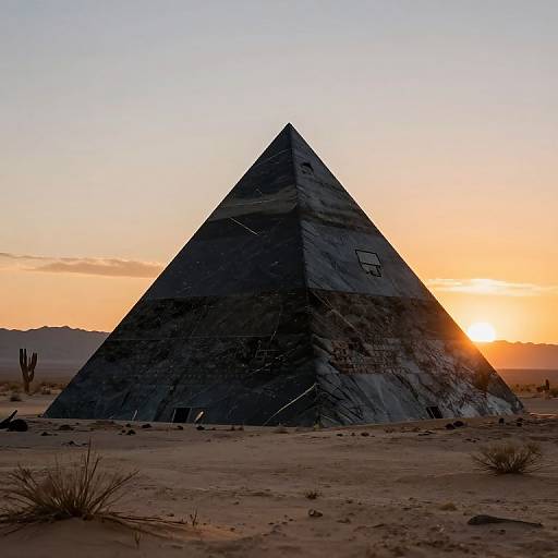 Photograph of a dark, weathered stone pyramid at sunset in a desert, with a vibrant orange and blue sky, sparse vegetation, and the sun