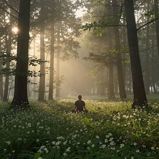 Photograph of a solitary person sitting among tall trees in a sunlit forest, surrounded by white wildflowers and misty morning light.