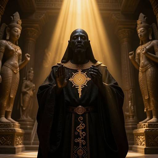 Photograph of a dark-robed, masked figure with intricate golden symbols, standing in a dimly lit temple with statues, bathed in radiant yellow