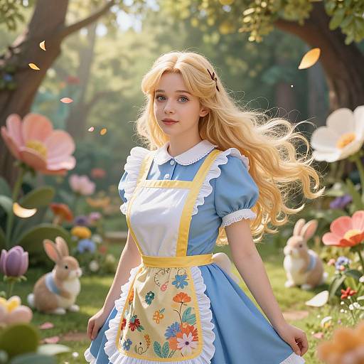 Photograph-style digital artwork of a blonde girl in a blue Alice in Wonderland dress with floral apron, surrounded by colorful flowers and rabbits in a sun