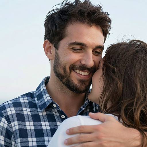 Smiling Bearded Man Hugging Partner