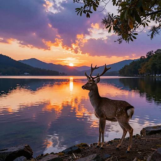 Photograph of a deer with small antlers standing on a rocky shore at sunset, reflecting vibrant orange and purple hues on a calm lake with silhou