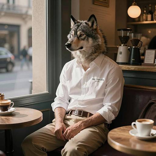 Wolf-headed Man Sitting in Coffee Shop