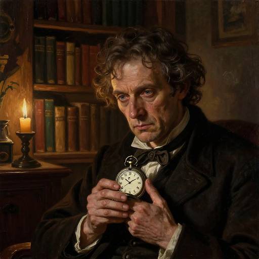 Photograph-style digital art of a pensive, curly-haired man in a dark 19th-century suit, holding a vintage pocket watch, illuminated by