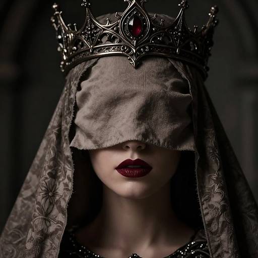 Photograph of a mysterious woman with dark red lips, wearing a decorative, ornate crown and veil, obscuring her eyes, in a dark,