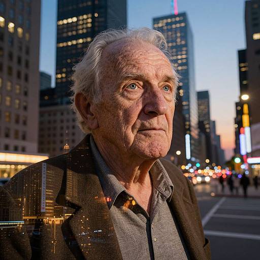Photograph of an elderly white man with gray hair, wearing a dark blazer and gray shirt, standing in a bustling urban street at dusk, with