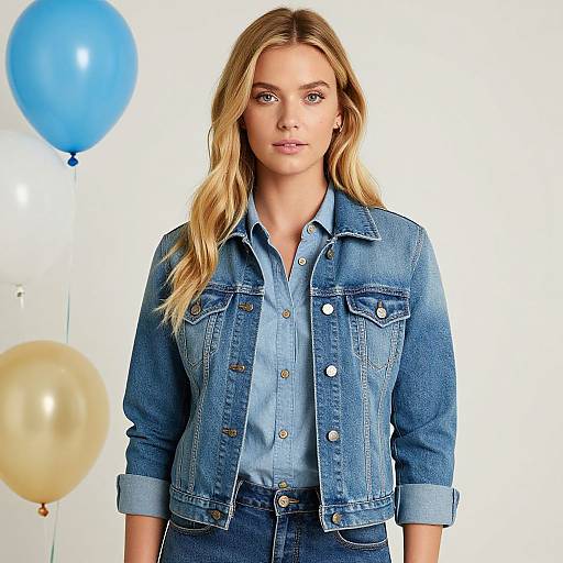 Photograph of a blonde woman with blue eyes, wearing a denim jacket over a blue shirt, standing against a white background with two blue and one gold