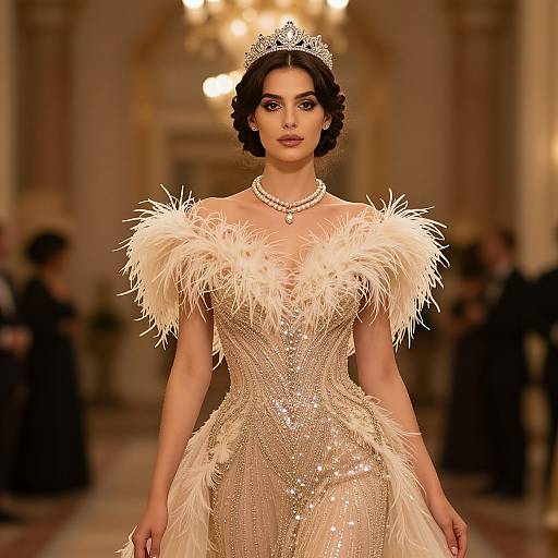 Photograph of a brunette woman with a tiara, wearing a sparkling, feathered, off-shoulder gown, walking on a glamorous runway.