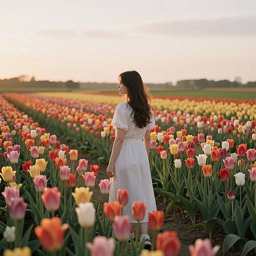 Photograph of a woman with long brown hair in a white dress standing in a vast field of colorful tulips at sunset.