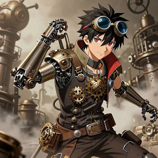 Anime-style digital artwork of a black-haired, red-eyed steampunk character with cybernetic arm, goggles, and gears, amidst industrial machinery.