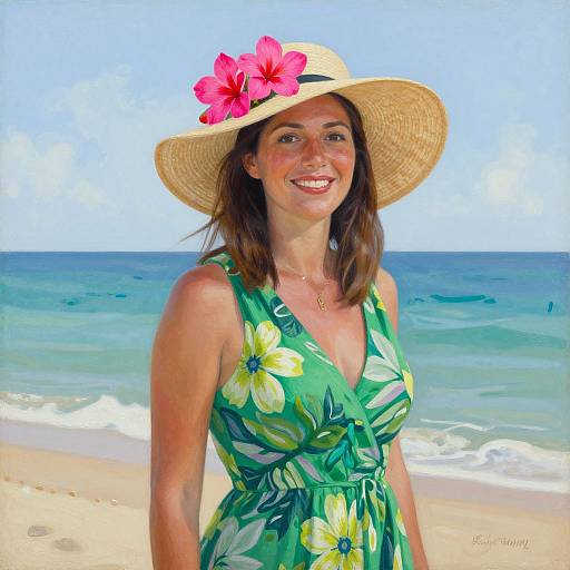 Photograph of a smiling woman with brown hair, wearing a green floral dress and straw hat with pink hibiscus, on a sunny beach with