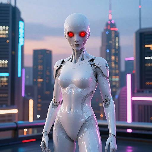 CGI image of a sleek, white, female humanoid robot with glowing red eyes, standing on a rooftop at dusk in a neon-lit cityscape