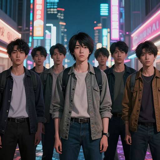 Photograph-like digital art of six Asian men with messy black hair standing in a neon-lit urban street at night. They wear casual jackets and jeans