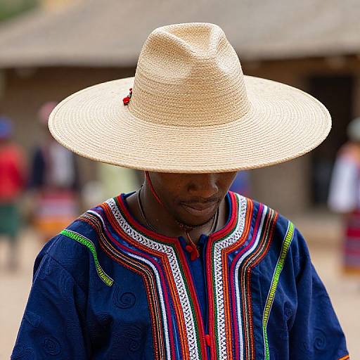 Photograph of a dark-skinned man with a large, light-brown straw hat, wearing a colorful, embroidered, dark-blue traditional shirt, standing