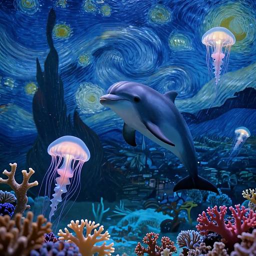 Vibrant underwater photograph of a dolphin swimming beside glowing jellyfish, surrounded by colorful corals and swirling blue ocean patterns.