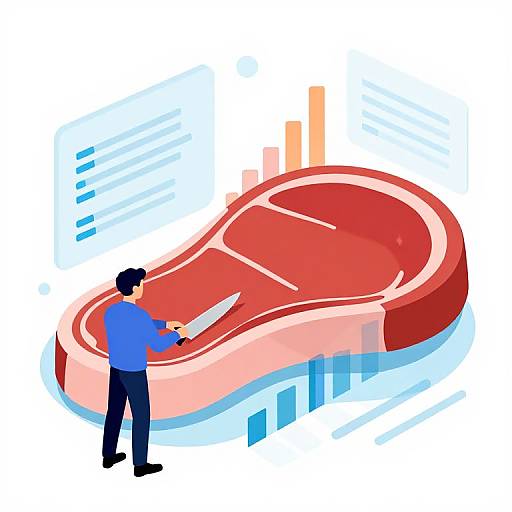 Digital illustration: A man in a blue shirt and black pants uses a knife on a red, sliced car with blue and orange bar graphs in the background