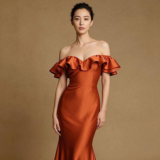 Elegant Woman in Copper Ruffled Dress