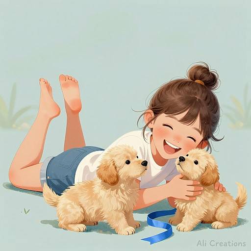 Joyful Girl with Playful Puppies Illustration