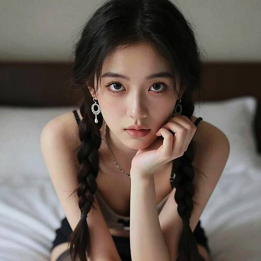 Photograph of an Asian woman with long black braids, wearing black earrings and a necklace, sitting on a bed with white pillows, looking directly at