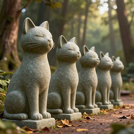 Photograph of four stone cat statues, lined up in a forest, with closed eyes, textured surfaces, and autumn leaves scattered on the ground.