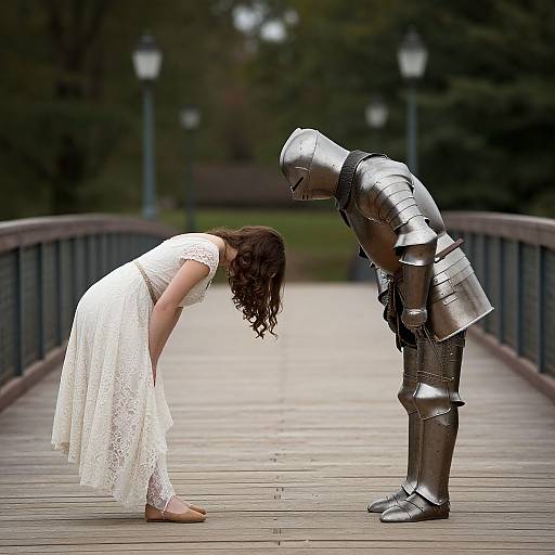 Photograph of a woman in a white lace dress and a silver knight statue bending towards each other on a wooden bridge.