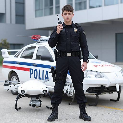 Teenager in Detailed Cop Costume with Drone