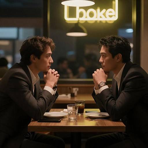 Serious Conversation in Dimly Lit Restaurant