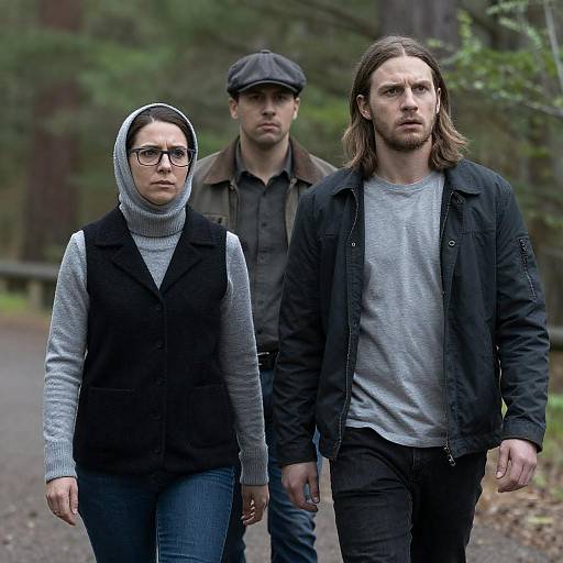 Concerned Trio Walking in Forest