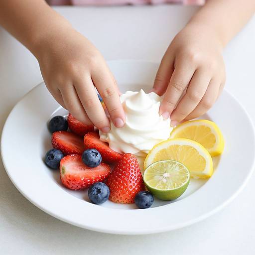 Photograph of a child's hands scooping whipped cream onto a white plate with strawberries, blueberries, and lemon slices. Bright, fresh, and