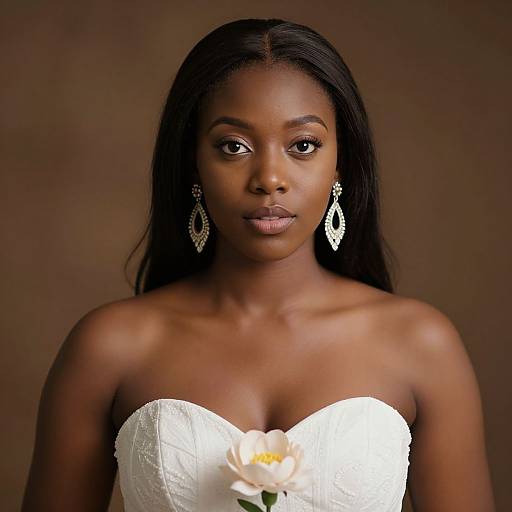 Photograph of a beautiful, dark-skinned woman with long black hair, wearing a white, strapless lace dress and diamond earrings, against a brown