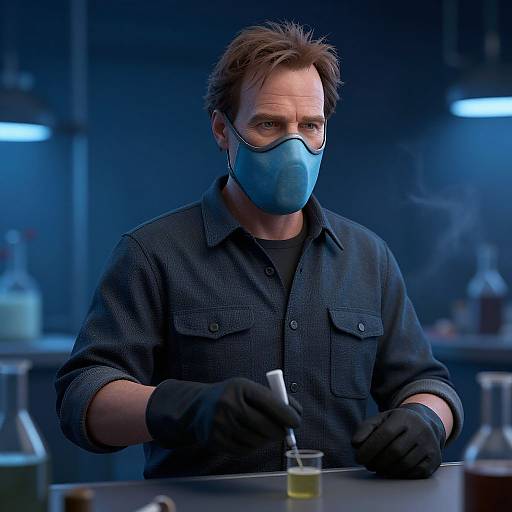 Photorealistic CGI of a middle-aged man with short brown hair, wearing a blue mask, black shirt, and gloves, holding a test tube over