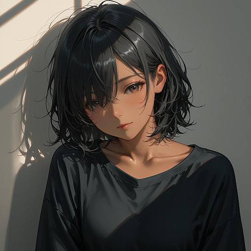 Realistic Portrait of Woman with Black Hair and Shadow