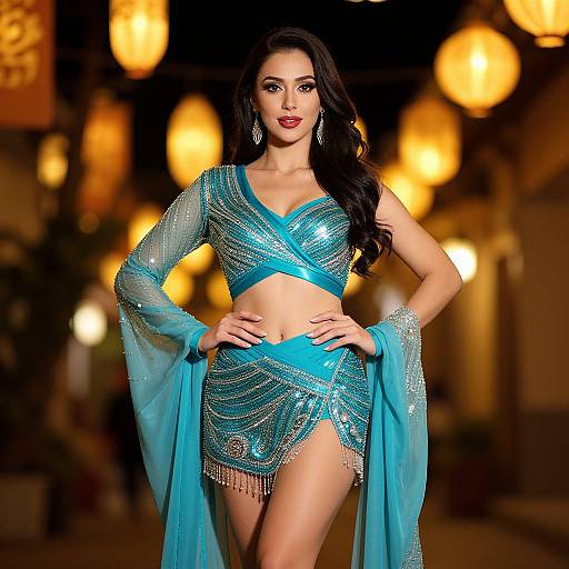 Photograph of a confident woman with long black hair, wearing a shimmering turquoise sequin crop top and matching skirt with flowing sleeves, standing against a