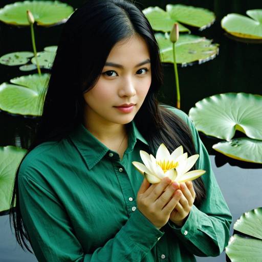 Young Woman Holding White Lotus Flower