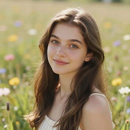 Photograph of a young woman with long brown hair, green eyes, and fair skin, smiling softly in a sunlit meadow with colorful wildflowers