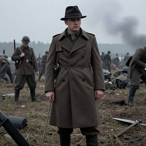 Photograph of a serious-looking man in a brown coat and black hat standing in a muddy battlefield, surrounded by soldiers and scattered weapons, with smoke in