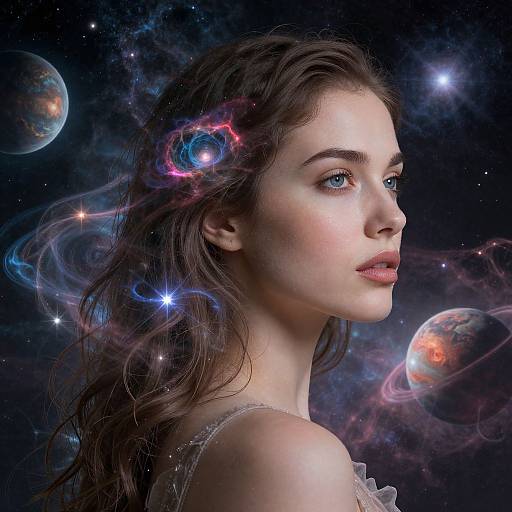 Digital artwork of a beautiful, blue-eyed woman with flowing brown hair surrounded by cosmic elements, planets, and colorful nebulae against a starry night
