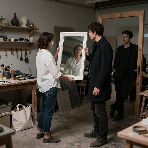 Woman Holding Mirror in Workshop