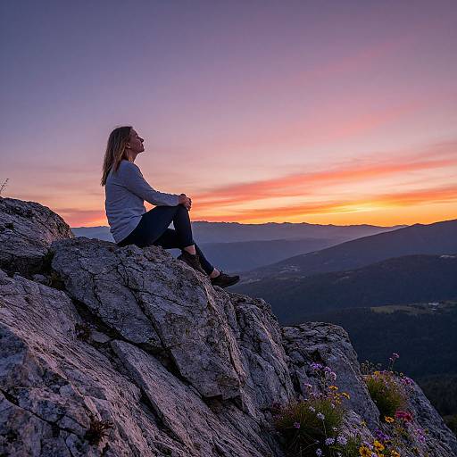 Photograph of a blonde woman in a gray sweater and black pants, sitting on rocky mountain ledge, gazing at vibrant sunset.
