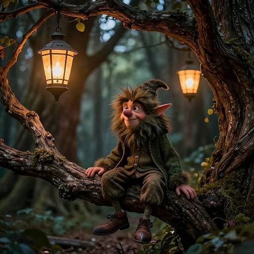 Friendly Forest Lutin on Branch with Lanterns
