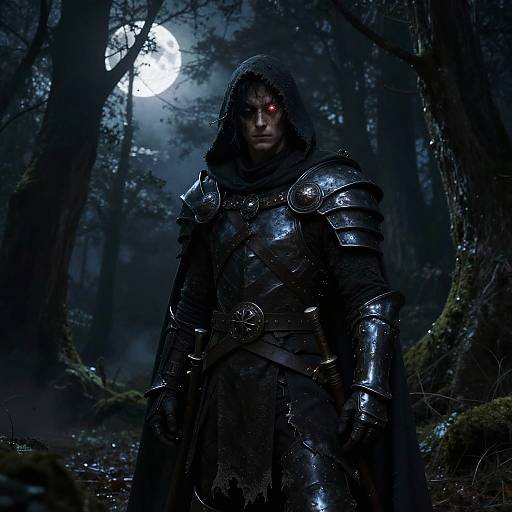 Digital artwork of a dark, armored warrior with glowing red eyes, standing in a foggy, moonlit forest with tall trees.