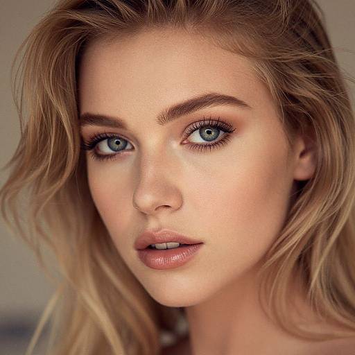 Close-up photograph of a beautiful, fair-skinned blonde woman with striking blue eyes, full lips, and wavy hair, looking directly at the camera