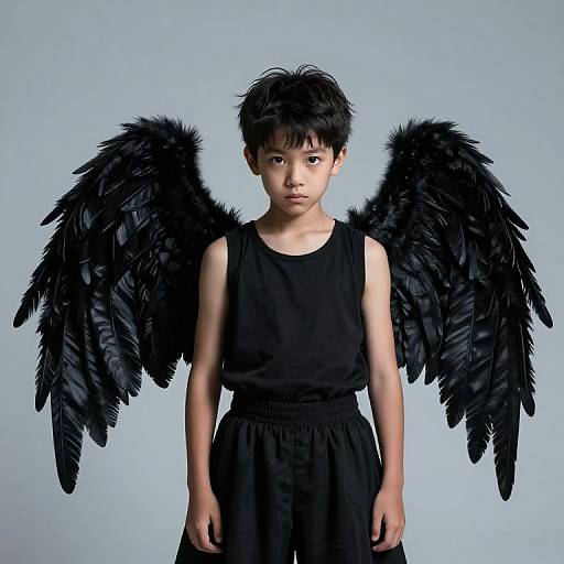 Photograph of an Asian boy with short black hair, wearing a black sleeveless shirt and pants, standing with large black feather wings against a light blue